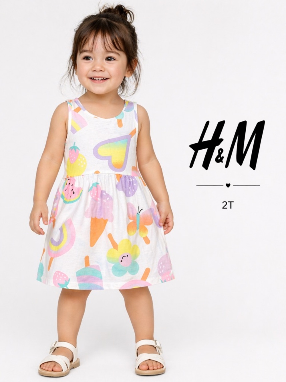 H&M Toddler Girls Summer Print Sleeveless Dress Size 2T Rainbow Fruit 💯 Cotton